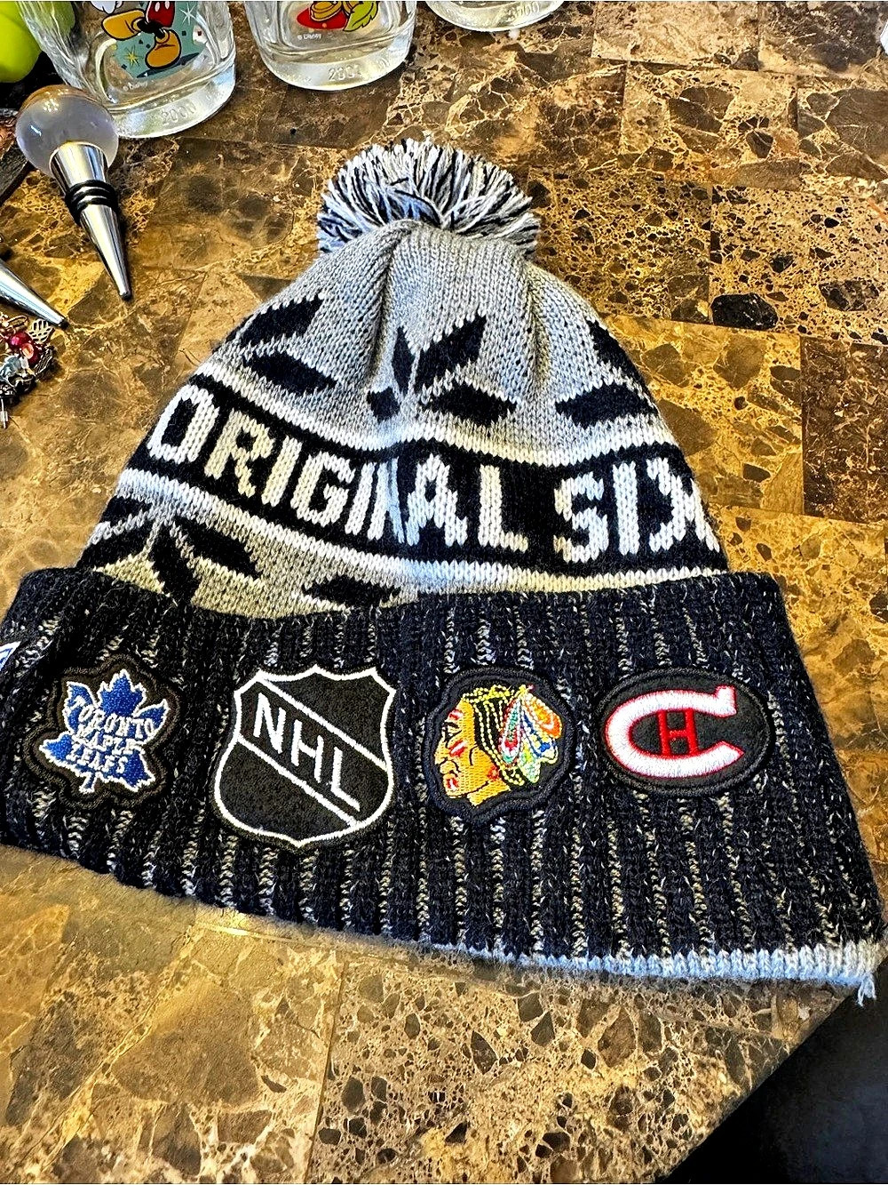 NHL Hockey Team Pom Beanie Black & Gray